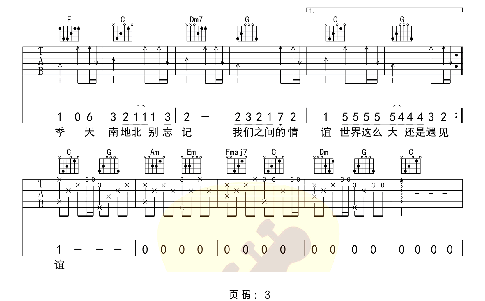 世界这么大还是遇见你吉他谱3-程响