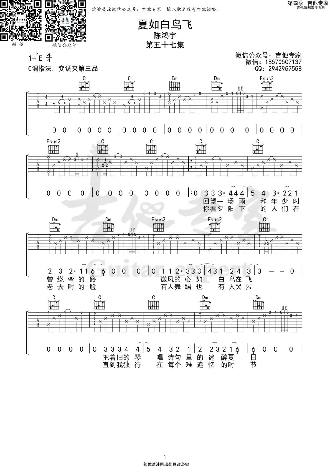 夏如白鸟飞吉他谱1-陈鸿宇